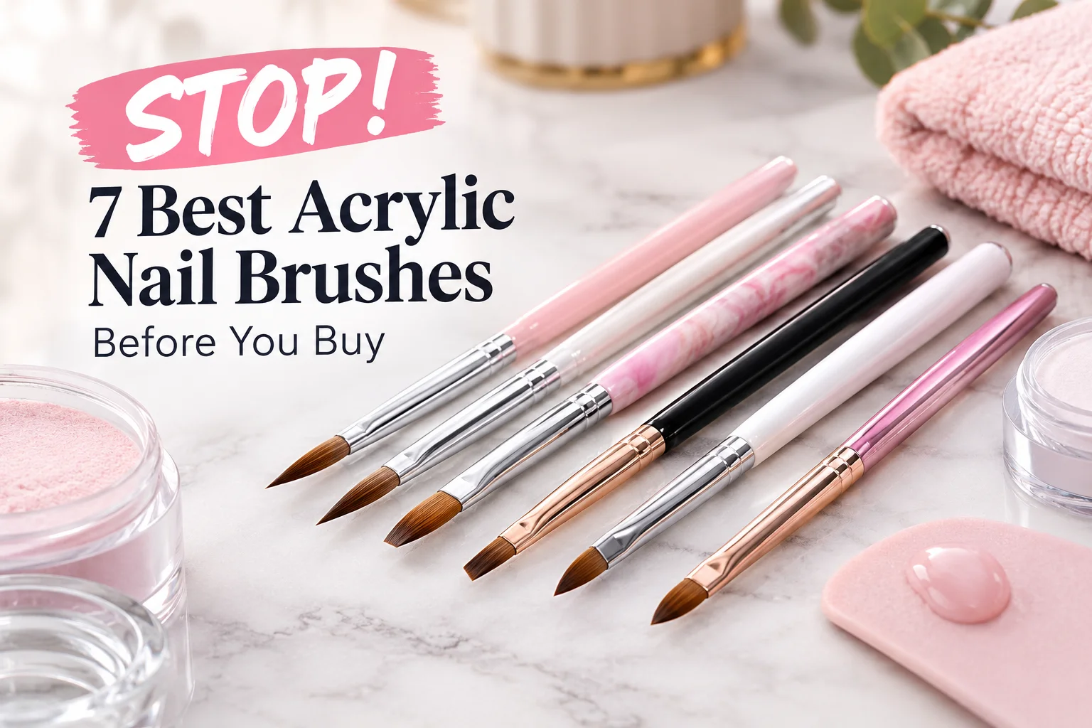 Seven acrylic nail brushes with pink, white, black, and marble-patterned handles arranged on a white marble surface.