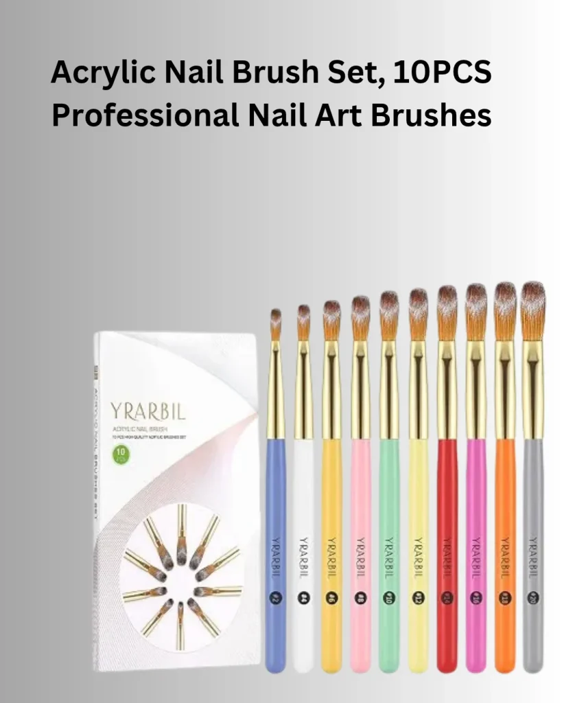 YRARBIL 10-piece acrylic nail brush set with colorful handles and gold ferrules for professional acrylic nail application and nail art.