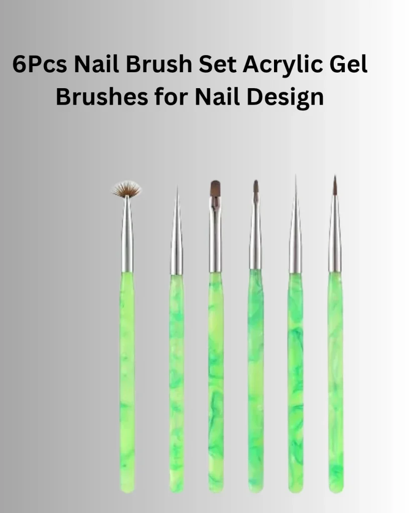 6-piece acrylic and gel nail brush set with green marbled handles and assorted brush tips for nail art and detailed designs.