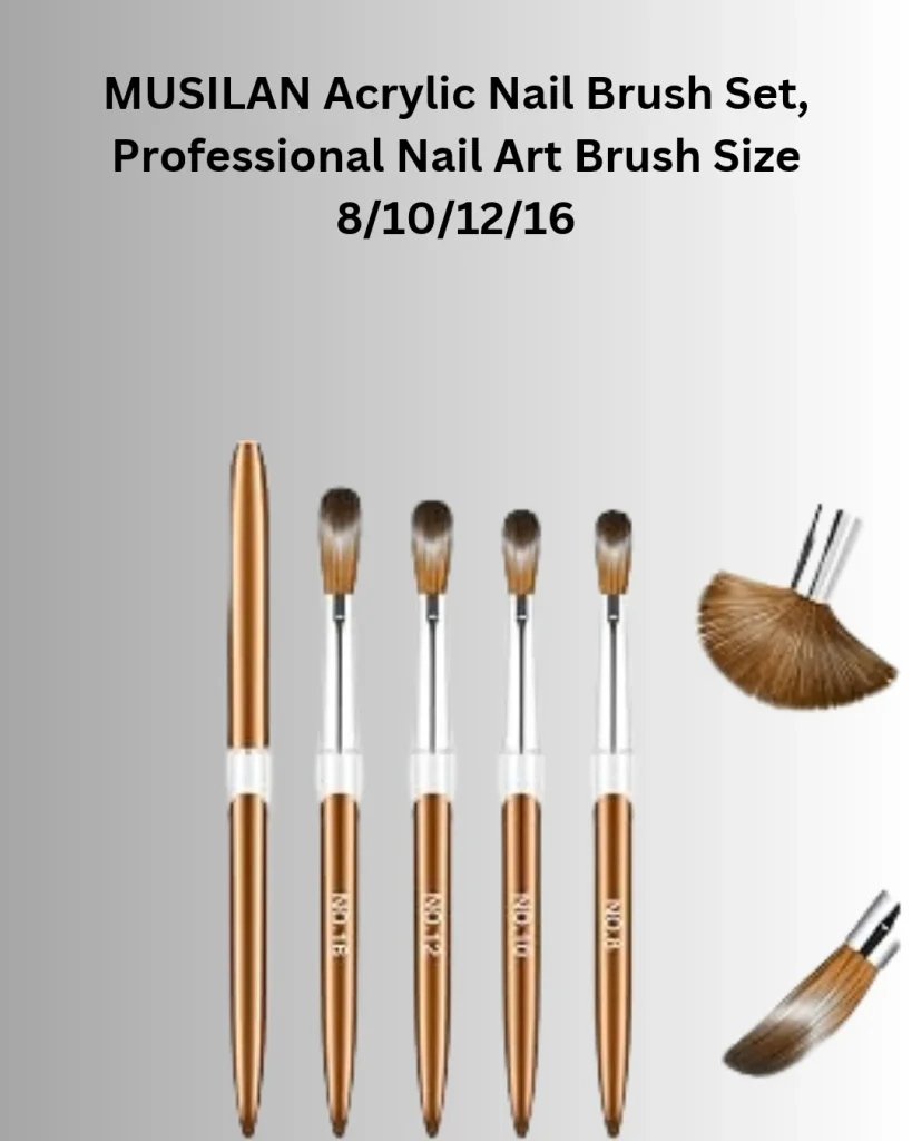 MUSILAN acrylic nail brush set with rose gold handles, sizes 8, 10, 12, and 16, for professional acrylic nail application and nail art.