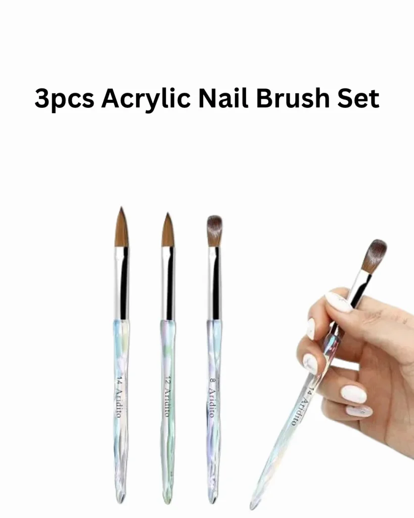 3-piece acrylic nail brush set with iridescent handles and assorted brush tips for precise acrylic nail application and nail art.