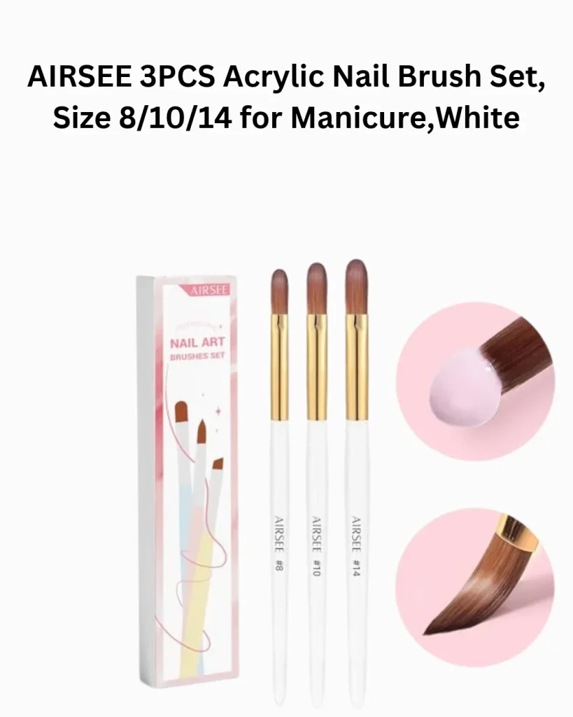 AIRSEE 3-piece acrylic nail brush set in sizes 8, 10, and 14, featuring white handles and gold ferrules for professional acrylic nail application.