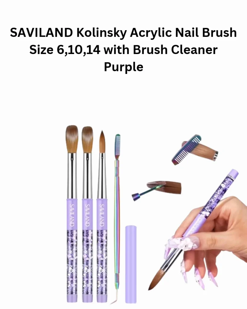 SAVILAND Kolinsky acrylic nail brush set in purple, sizes 6, 10 and 14, with a rainbow metallic brush cleaner tool