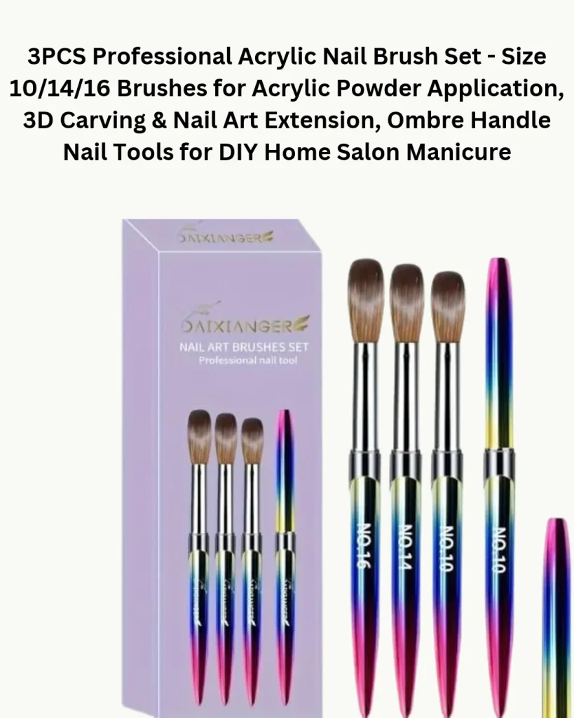 3-piece professional acrylic nail brush set, sizes 10, 14 and 16, with ombre rainbow handles and purple gift box