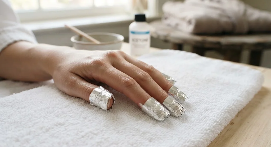 Cotton and foil acetone method for removing acrylic nails