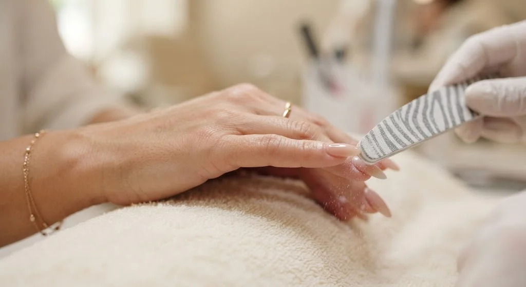 Filing the top layer of acrylic nails before soaking