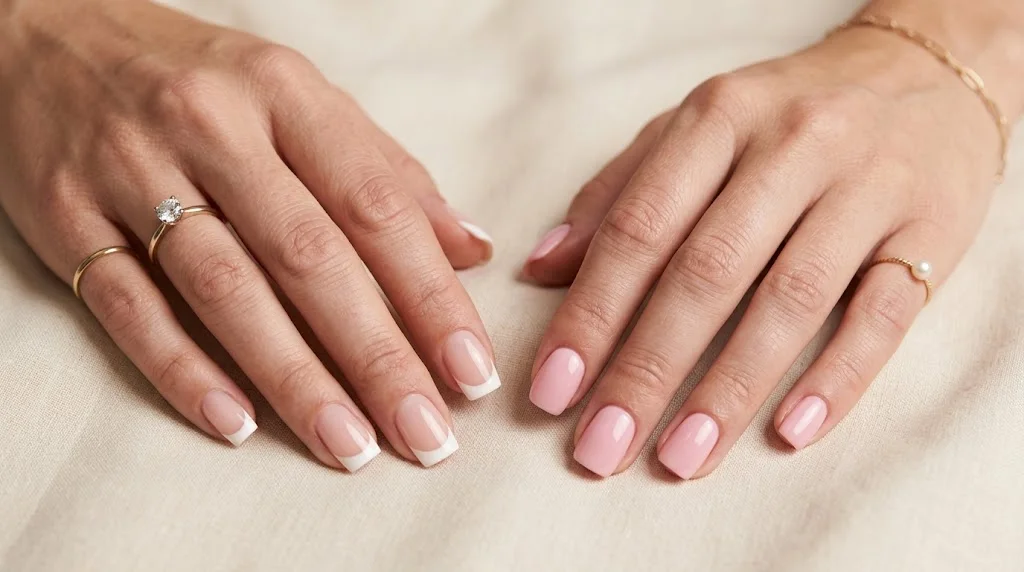 Two hands resting on a cream linen cloth, classic French tip square nails on the left and soft pink short square nails on the right