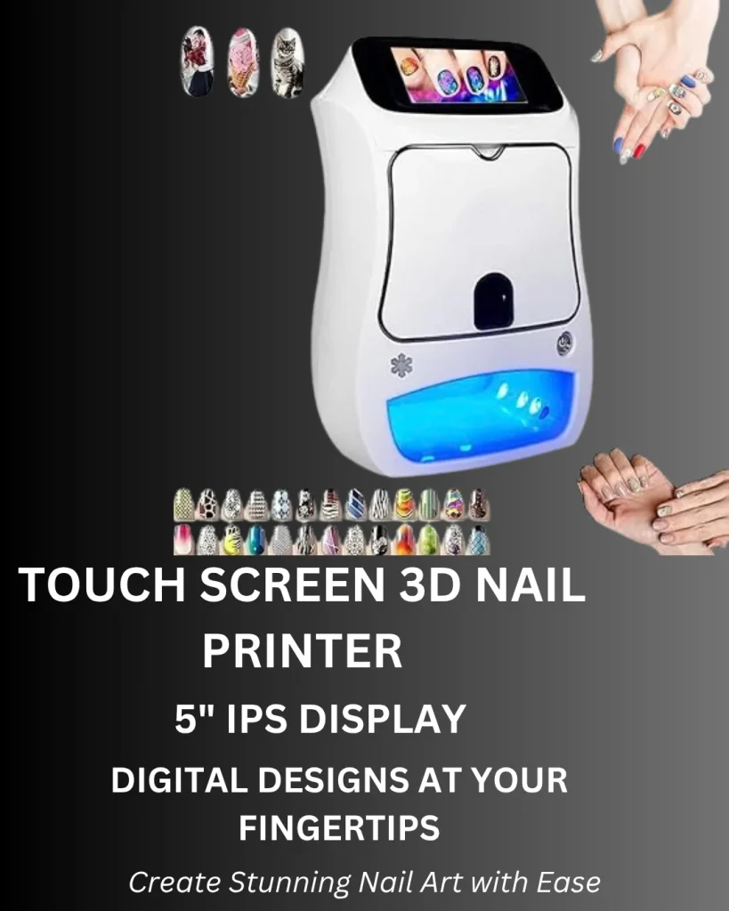 Touch screen 3D nail printer with a 5-inch IPS display for printing digital nail art designs, with sample photo and pattern nails