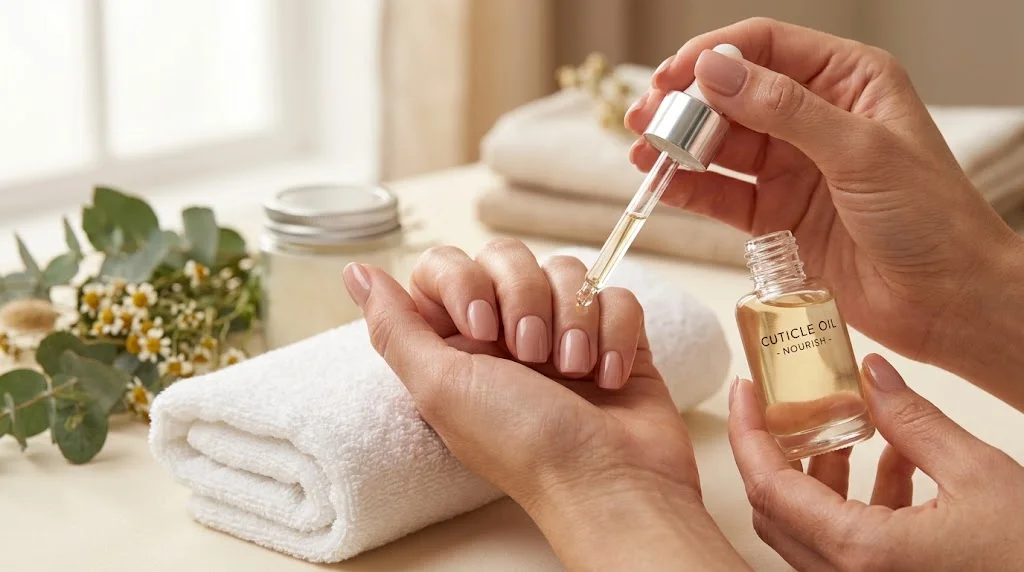 Woman applying cuticle oil with a dropper to her nails, with a rolled white towel, eucalyptus and chamomile flowers nearby