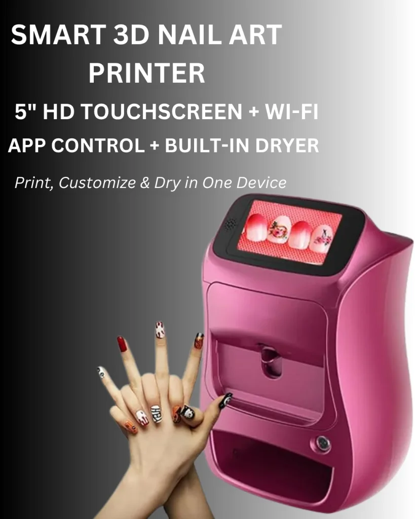 Smart 3D nail art printer with a 5-inch HD touchscreen, Wi-Fi, app control, and built-in dryer for printing custom nail designs