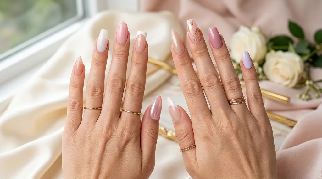 Acrylic nail shapes in pink, nude, white, and lavender with elegant almond and square tips