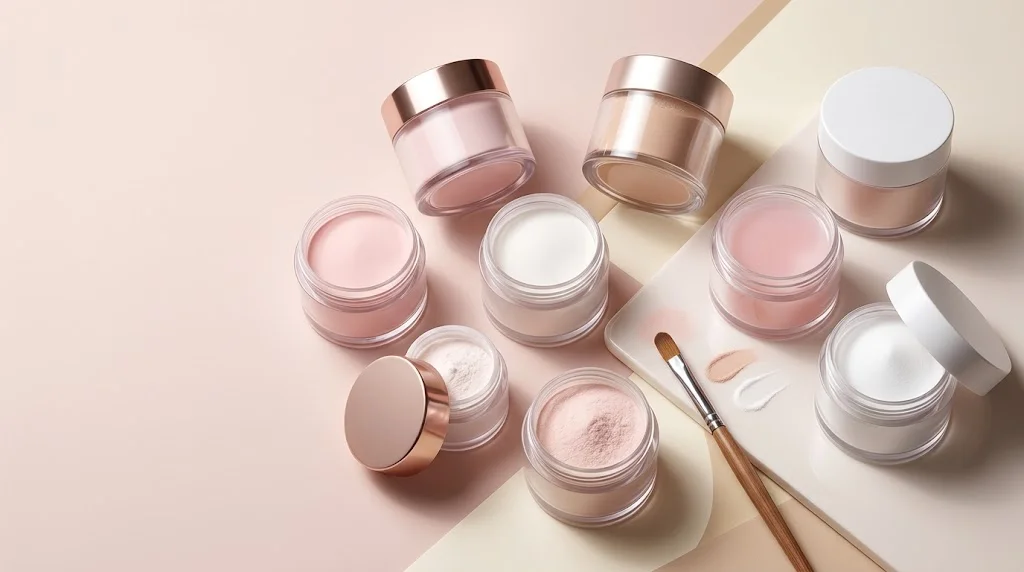 Open jars of pink, white, and nude powder with rose gold and white lids, arranged beside a small brush on a pastel backdrop