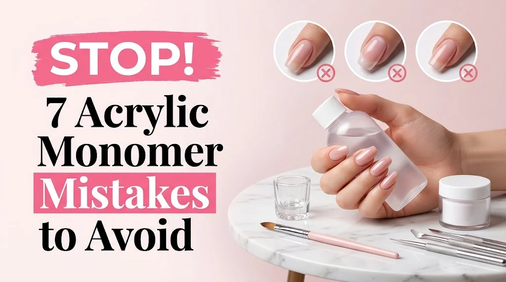 STOP! 7 acrylic monomer mistakes to avoid with acrylic nails, monomer bottle, nail brush, and manicure tools.