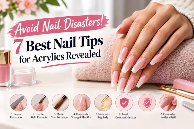7 best nail tips for acrylics featuring pink and white French acrylic nails, nail preparation, proper products, technique, moisturizing, and refill care.