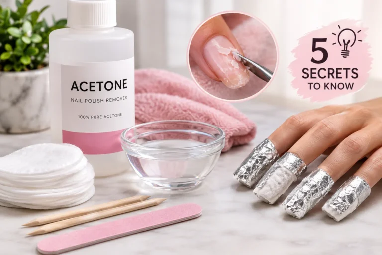 Acetone acrylic nail removal with foil wraps, cotton pads, a glass bowl, and nail tools.