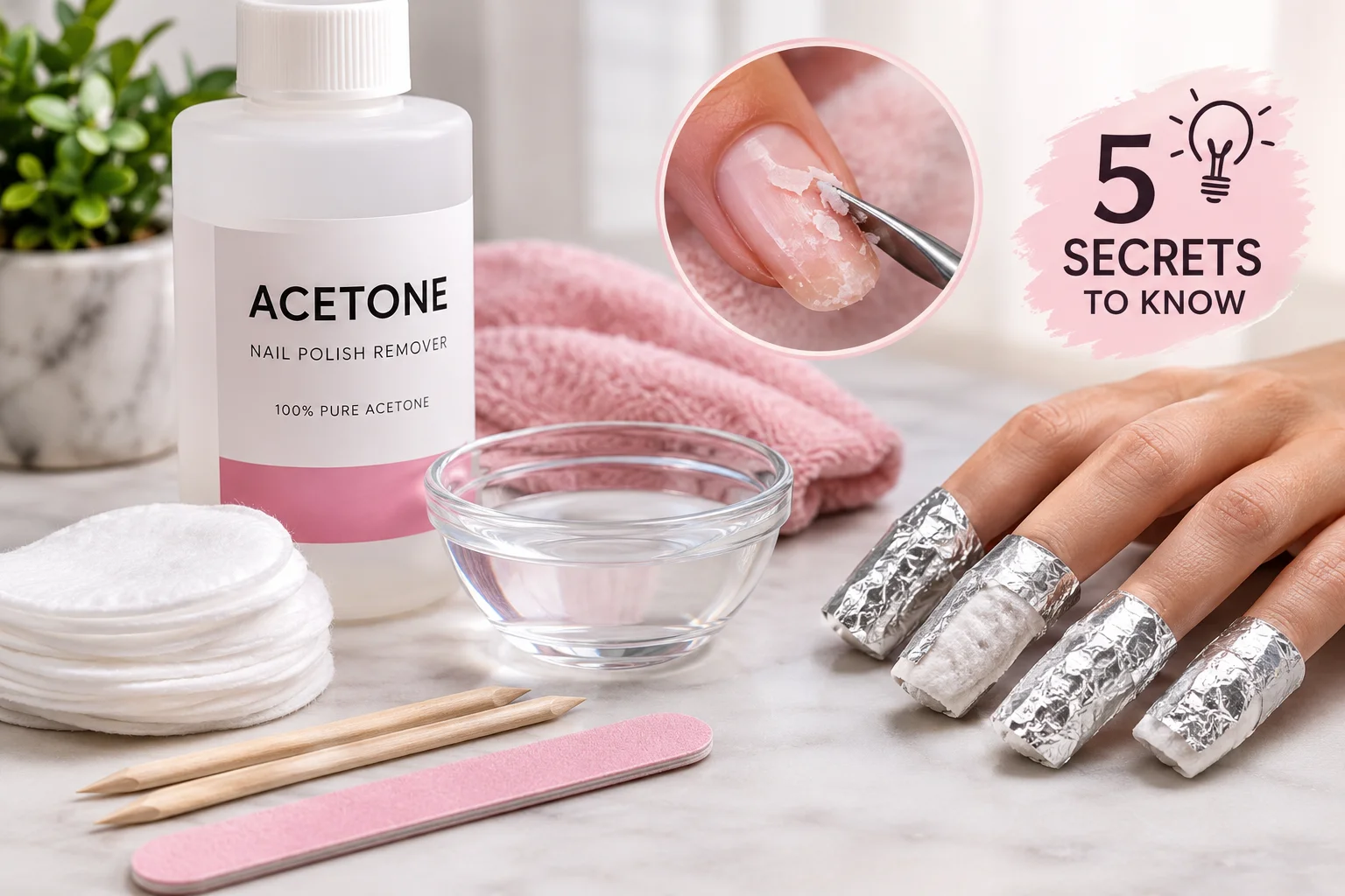 Acetone acrylic nail removal with foil wraps, cotton pads, a glass bowl, and nail tools.