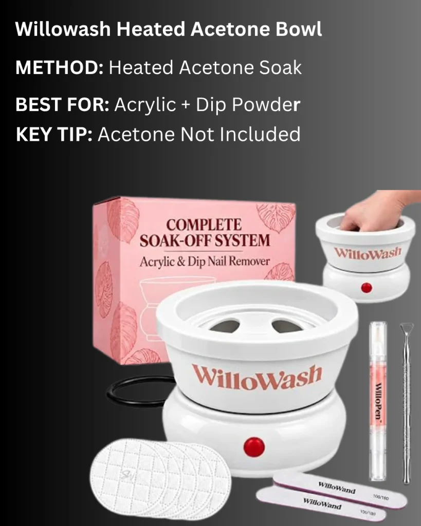 Willowash heated acetone nail-soaking bowl for removing acrylic and dip powder nails, with manicure tools and cotton pads.