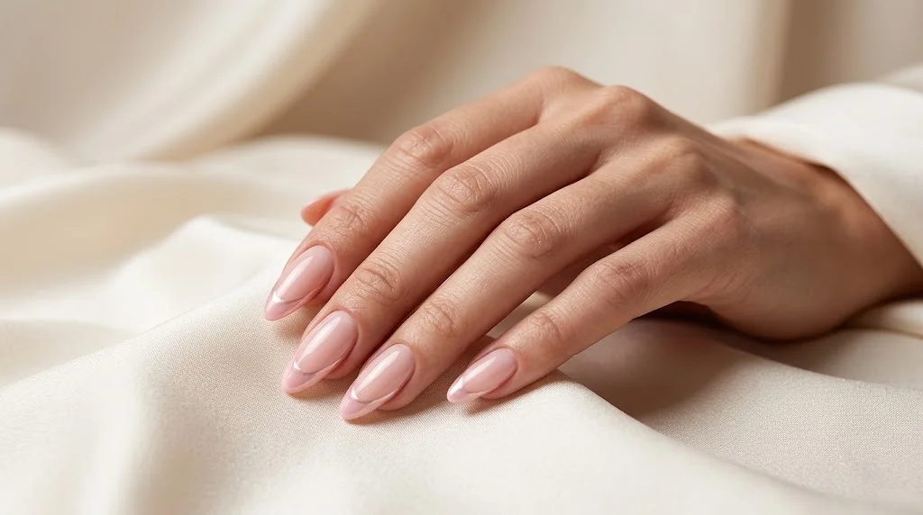 Elegant nude pink almond-shaped acrylic nails with a glossy finish resting on soft cream silk fabric.