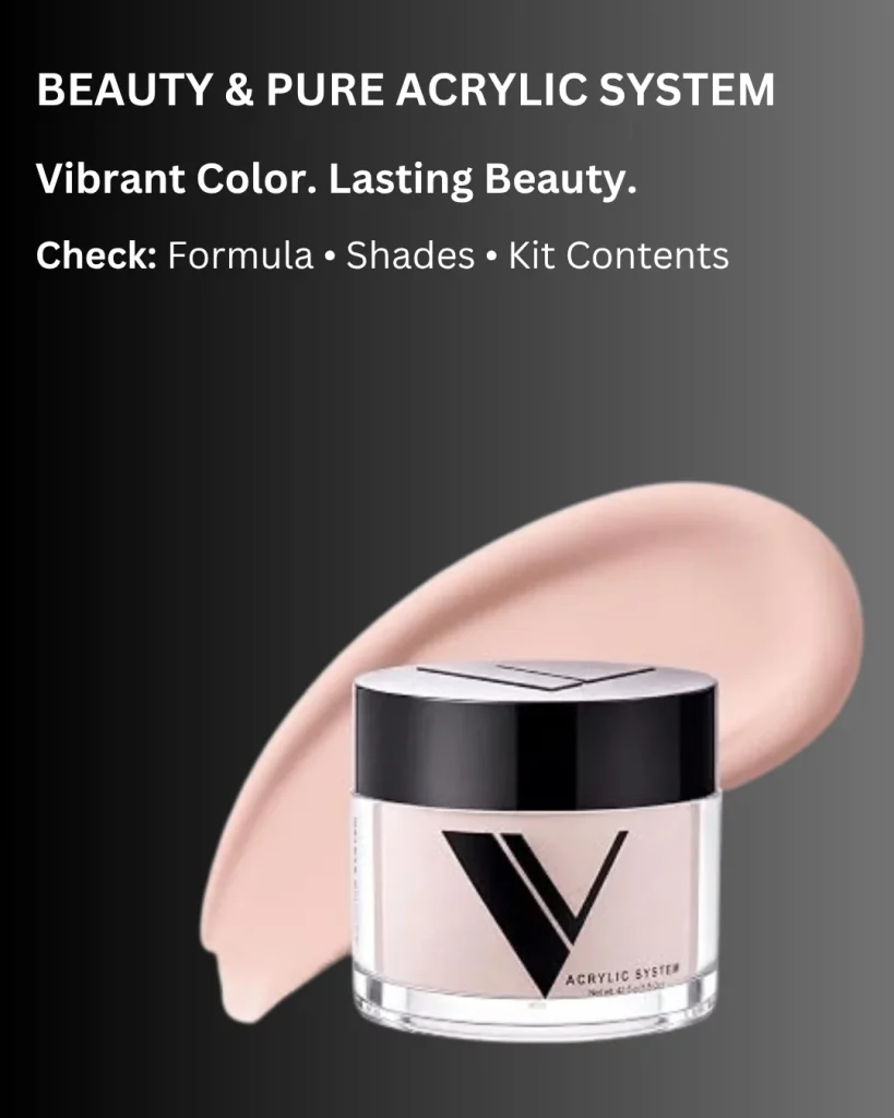 Beauty & Pure Acrylic System acrylic powder jar with black lid and V logo, next to a nude pink acrylic color swatch