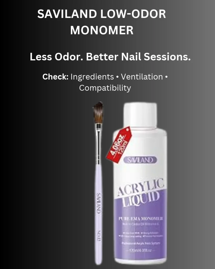 SAVILAND Low-Odor Monomer acrylic liquid, 4.06 oz (120 ml) bottle with a lavender-handled nail brush on a dark gradient background