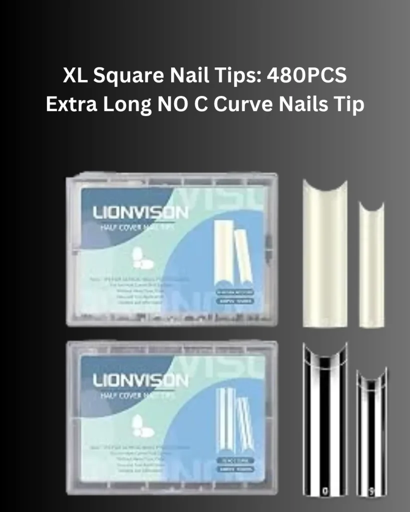 480-piece set of extra-long square nail tips with a no-C-curve design, featuring clear and natural-looking extensions in assorted sizes and individual storage cases.
