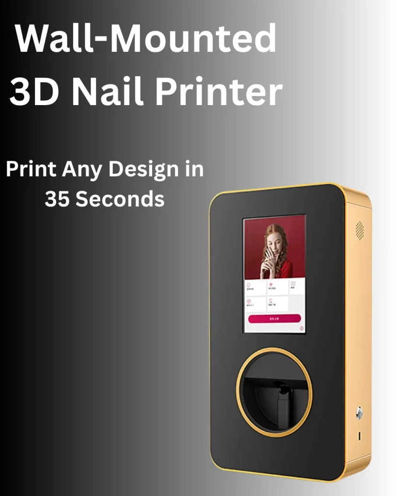 Wall-mounted 3D nail printer that prints any nail art design in 35 seconds, with a touchscreen display and gold trim