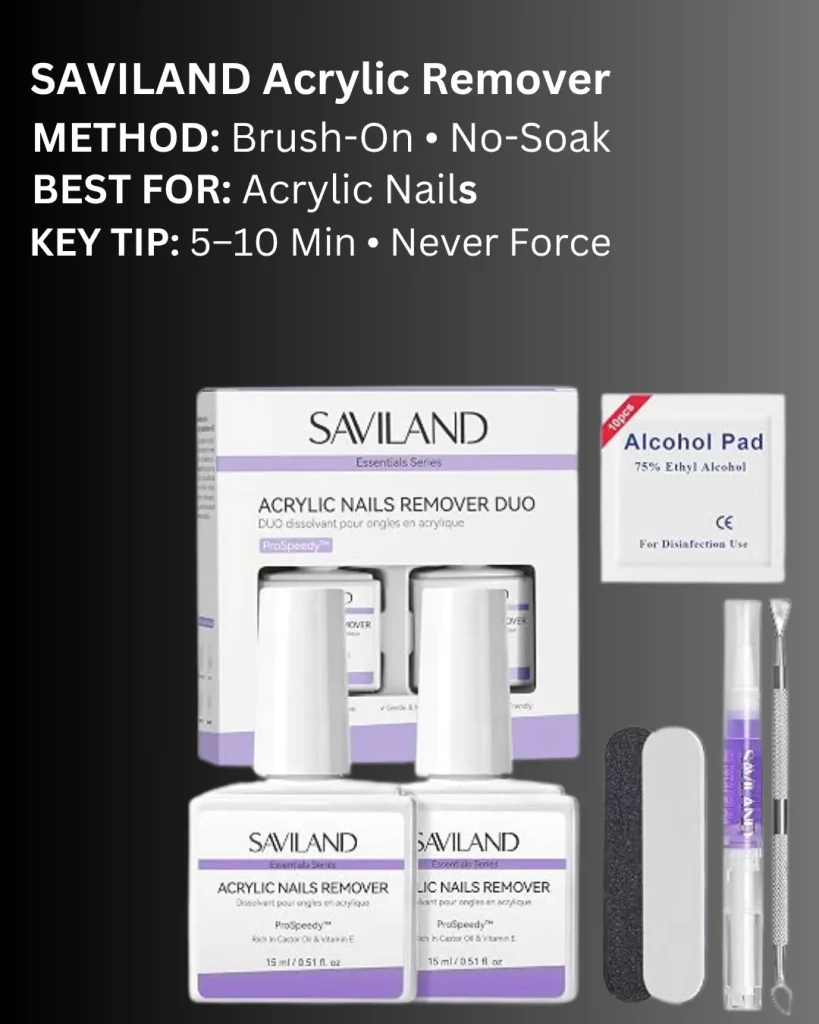 SAVILAND acrylic nails remover duo brush-on kit with two remover bottles, nail file, manicure tools, and alcohol pads.
