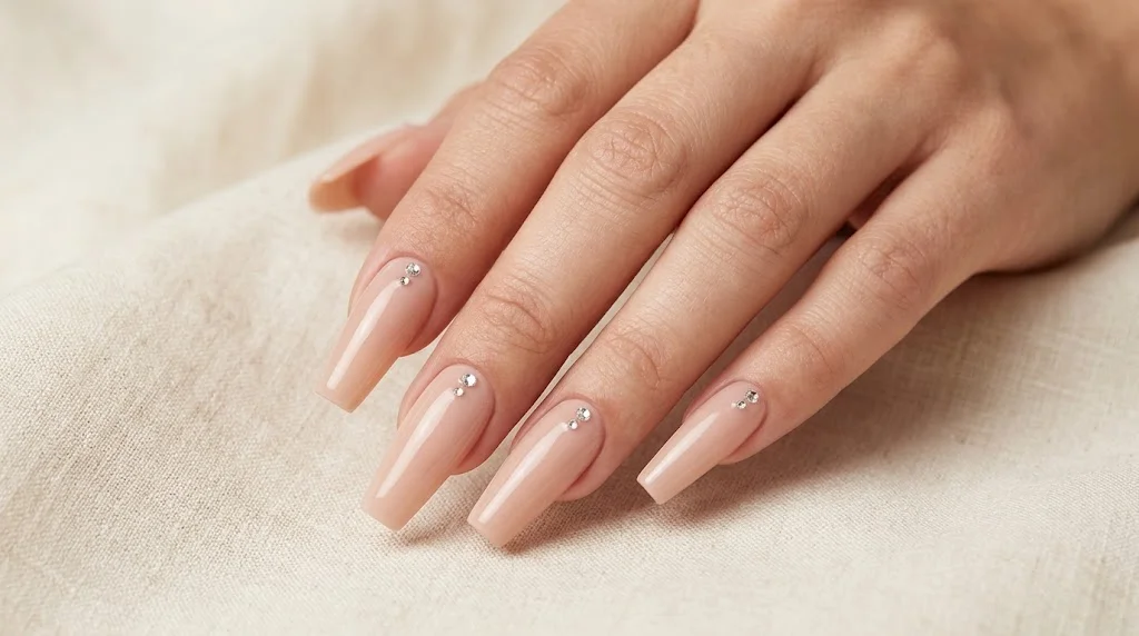 Elegant nude pink coffin acrylic nails with delicate rhinestone accents on a hand resting on cream fabric.
