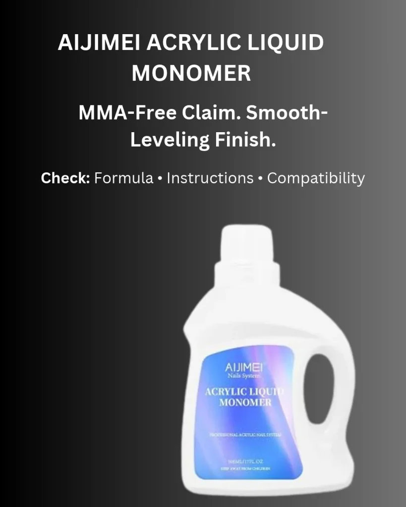 AIJIMEI Acrylic Liquid Monomer in a white jug-style bottle with a blue gradient label on a dark gradient background