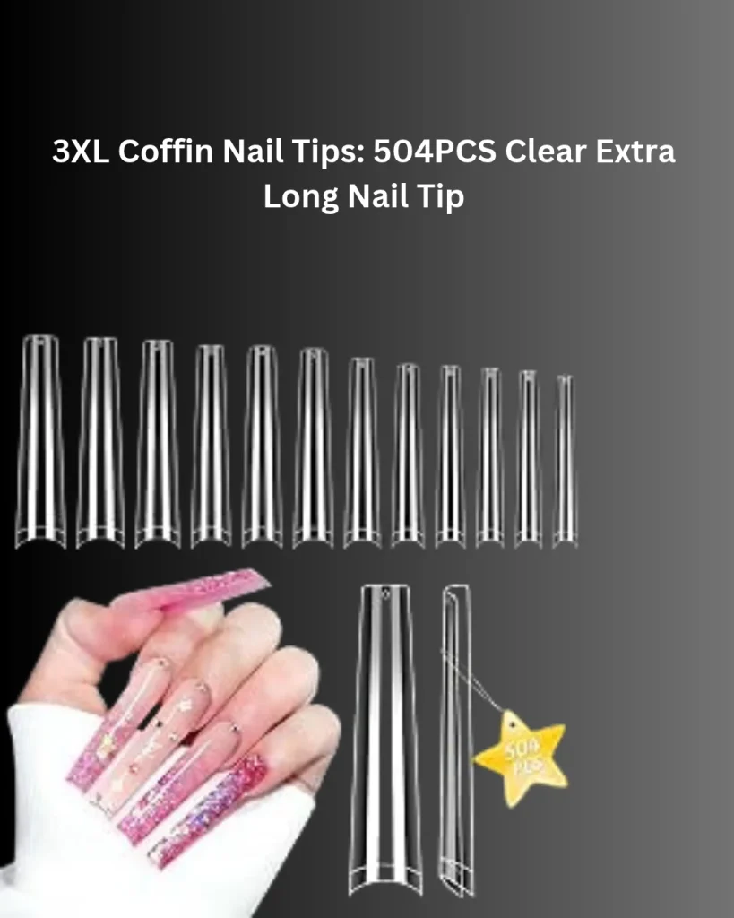 504-piece set of clear 3XL extra-long coffin nail tips for acrylic nail extensions, shown in multiple sizes with pink glitter nail designs.