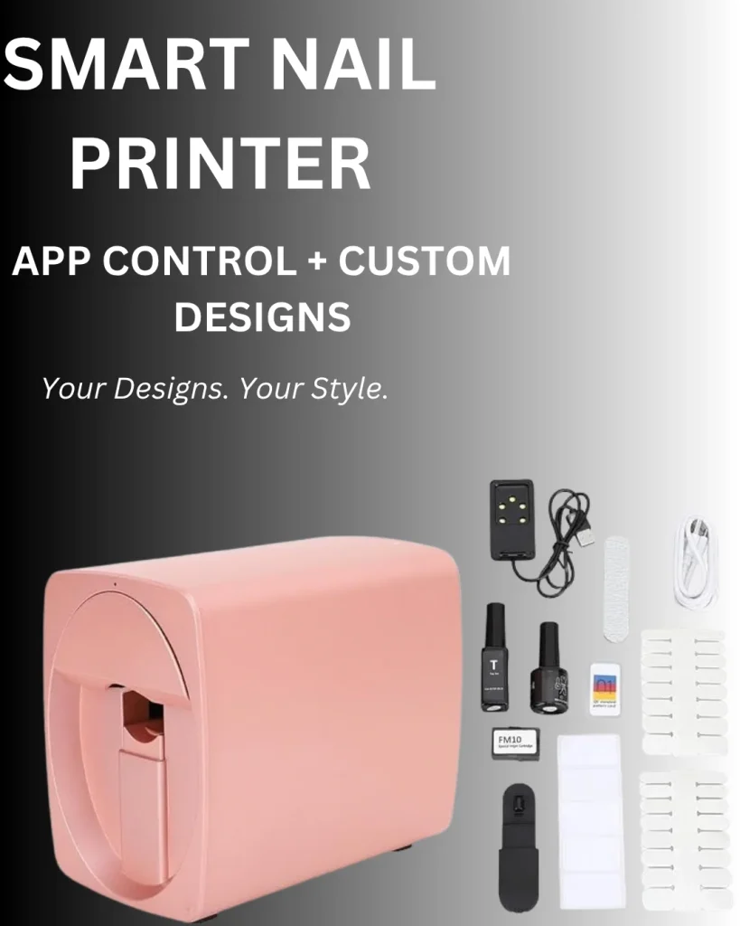 Pink smart nail printer with app control and custom designs, included with UV lamp, gel polish, ink cartridge, and nail tips