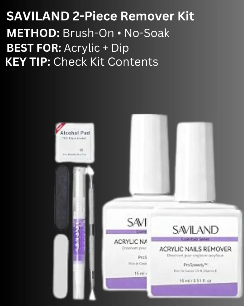 SAVILAND 2-piece acrylic nail remover kit with two remover bottles, nail files, manicure tools, and alcohol pads for acrylic and dip powder nails.