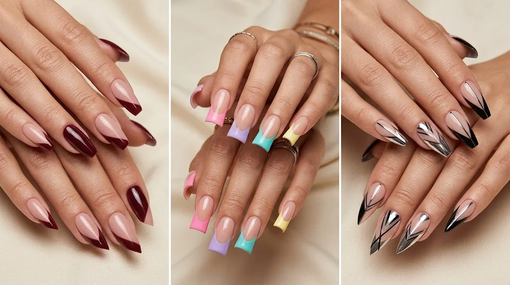 Three-panel collage of acrylic nail designs featuring burgundy French tips on nude almond nails, colorful pastel French tips on square nails, and black-and-silver geometric designs on nude stiletto nails.
