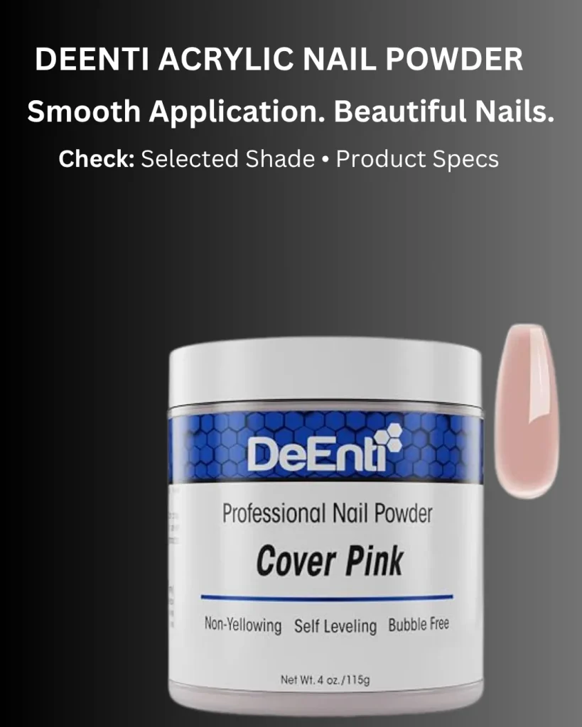 DeEnti Cover Pink acrylic nail powder, 4 oz (115g), non-yellowing, self-leveling and bubble-free, with a pink nail swatch