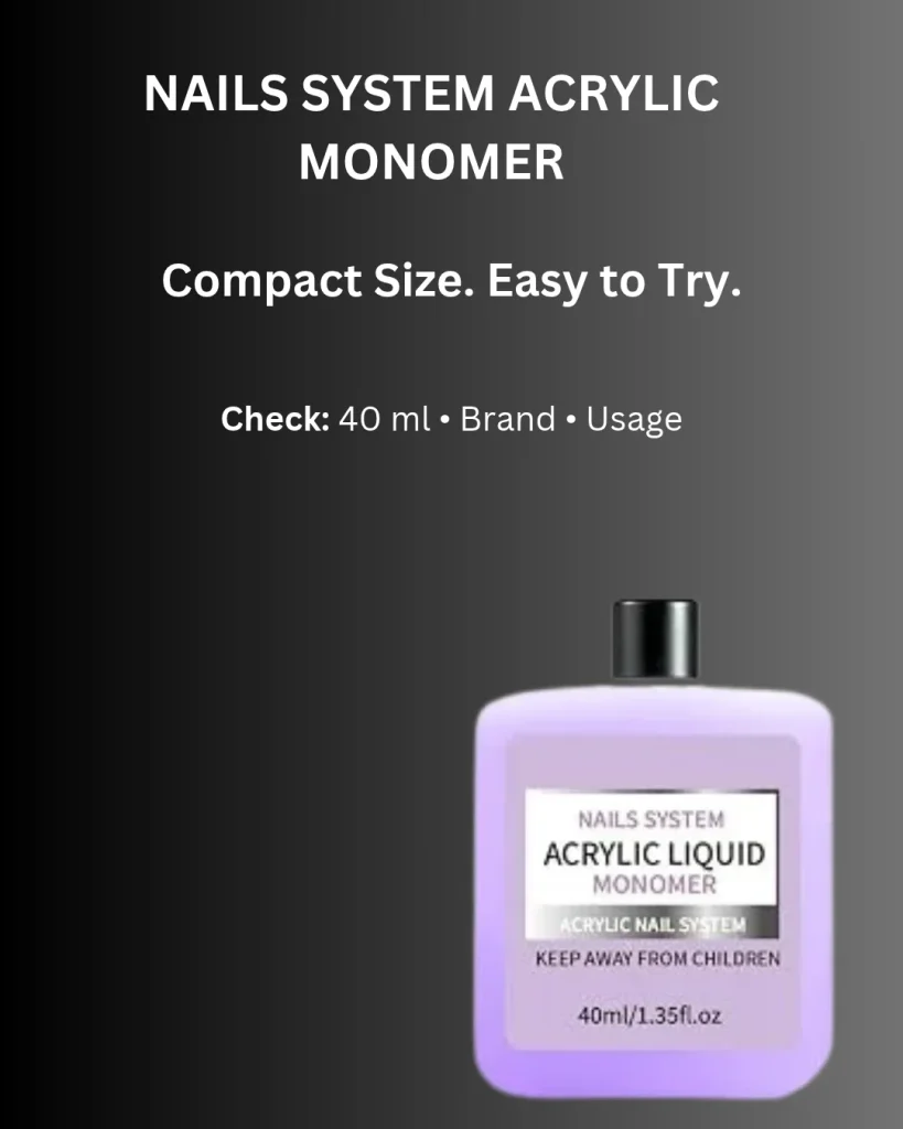 Nails System Acrylic Liquid Monomer 40 ml (1.35 fl oz) in a lavender square bottle with a black cap on a dark gradient background