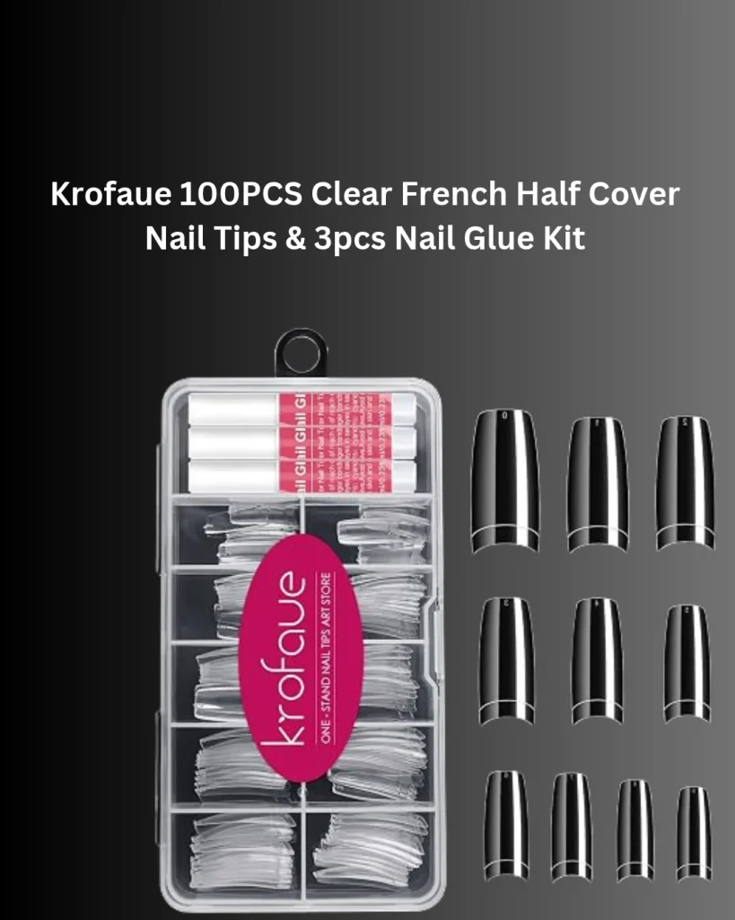 Krof​​aue 100-piece clear French half-cover nail tips kit with three nail glue tubes and assorted transparent nail extensions in a storage case.