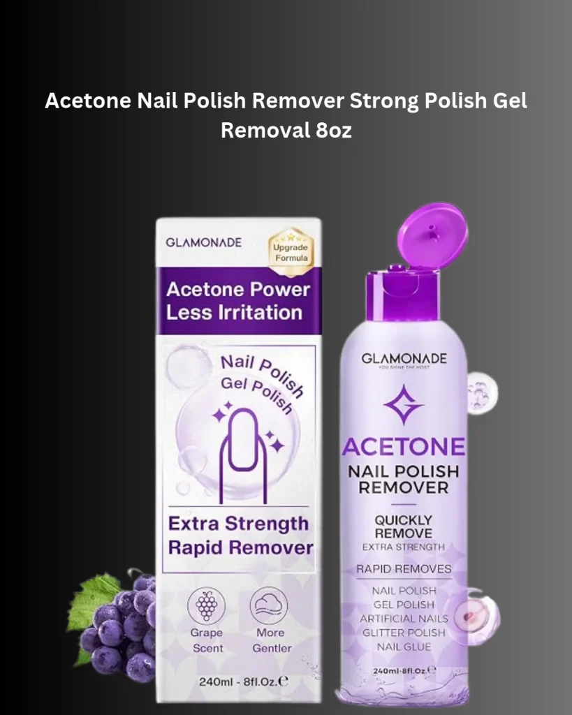 Glamonade acetone nail polish remover, 8 fl oz bottle with grape scent, designed for removing regular nail polish, gel polish, artificial nails, glitter polish, and nail glue.