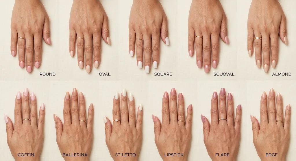 Overhead comparison of 11 acrylic nail shapes, including round, oval, square, squoval, almond, coffin, ballerina, stiletto, lipstick, flare, and edge, with soft pink and nude nail polish.