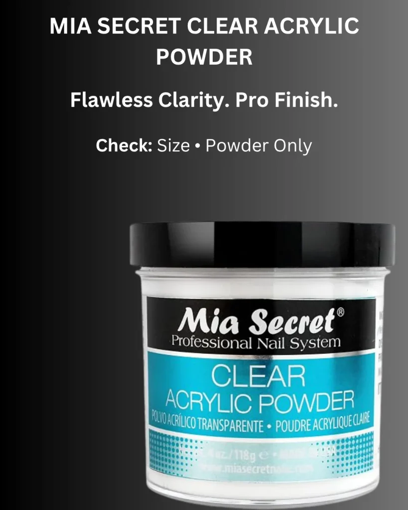 Mia Secret Professional Nail System Clear Acrylic Powder, 4 oz (118g) jar with black lid, for a clear, professional finish
