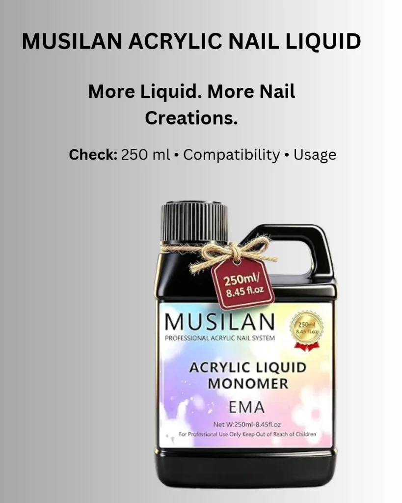 MUSILAN Acrylic Liquid Monomer EMA 250 ml (8.45 fl oz) in a black jug-style bottle with a pastel rainbow label on a light gray gradient background