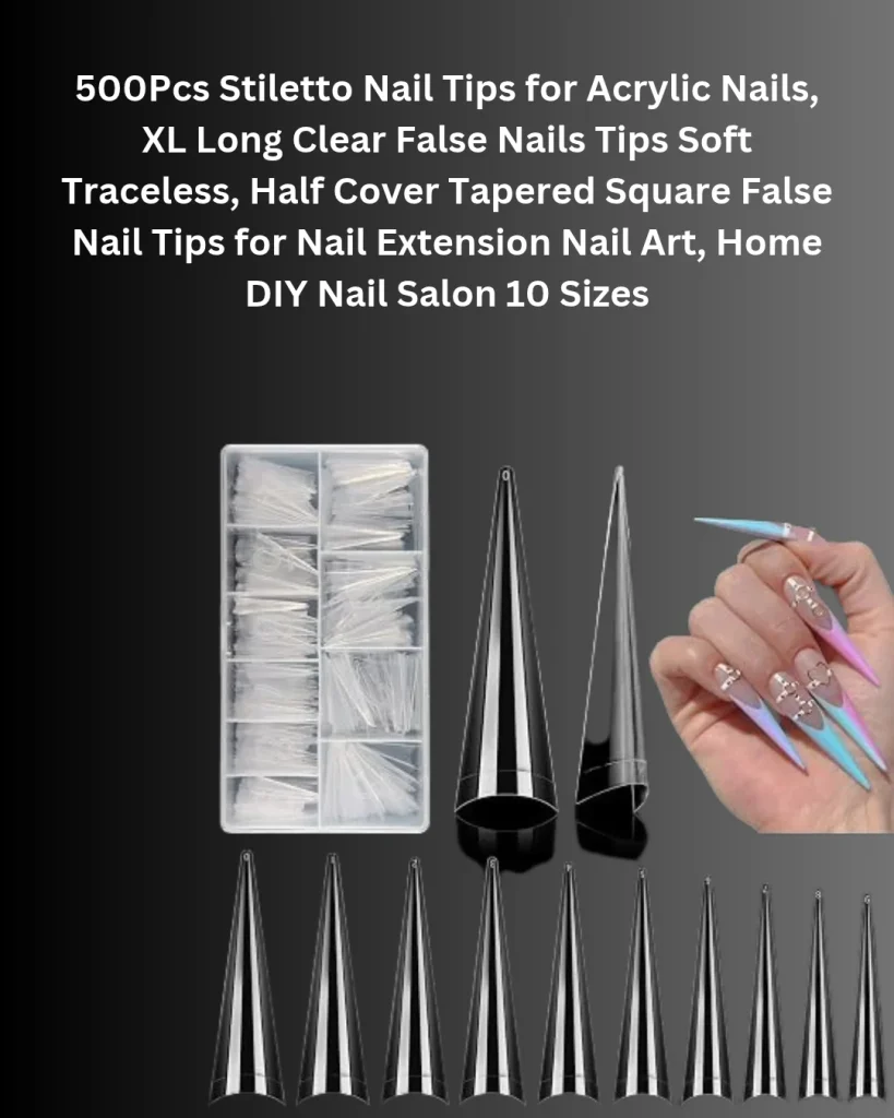 500-piece clear stiletto nail tips set in 10 sizes with storage case and colorful long stiletto acrylic nail designs.