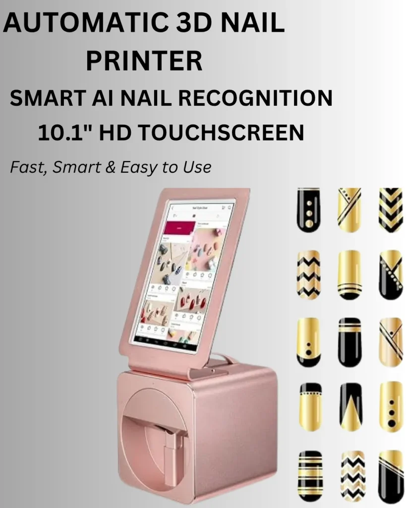 Automatic 3D nail printer with smart AI nail recognition and a 10.1-inch HD touchscreen, printing custom black and gold nail designs