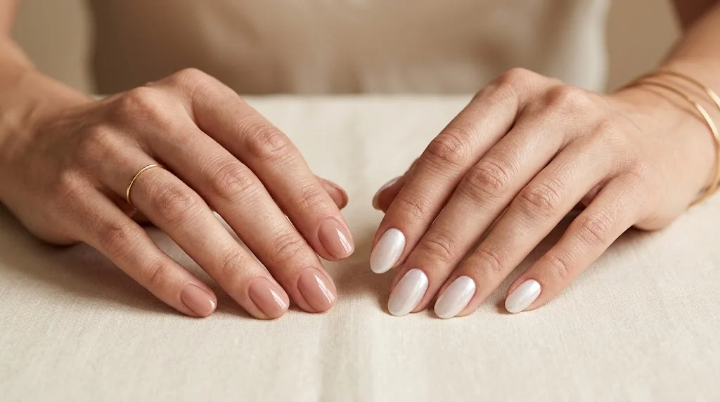 Two hands resting on linen, left with nude pink almond-shaped nails and right with milky white glossy almond nails