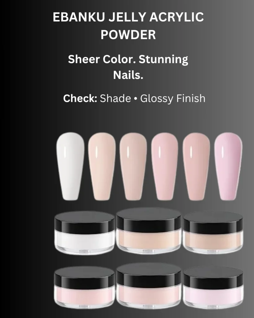 Ebanku jelly acrylic powder set with six sheer shades from white to nude to pink, shown with glossy nail tip swatches