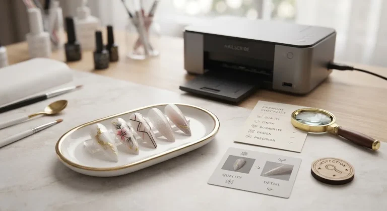 Machine nail printer beside a tray of five printed press-on nails and a premium quality inspection checklist