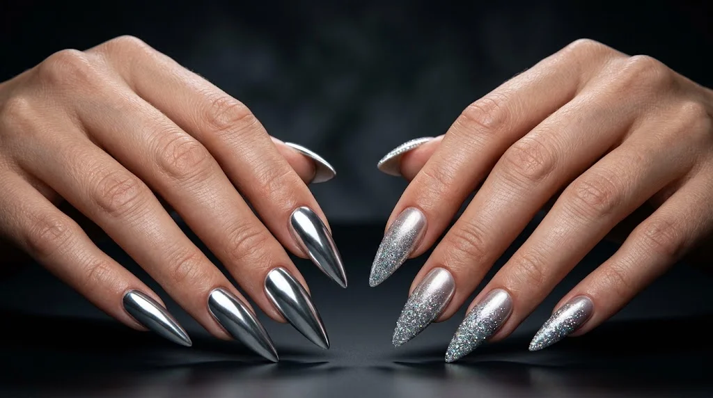 Two hands showing long stiletto nails, mirror chrome silver on the left hand and silver holographic glitter on the right, against a dark background