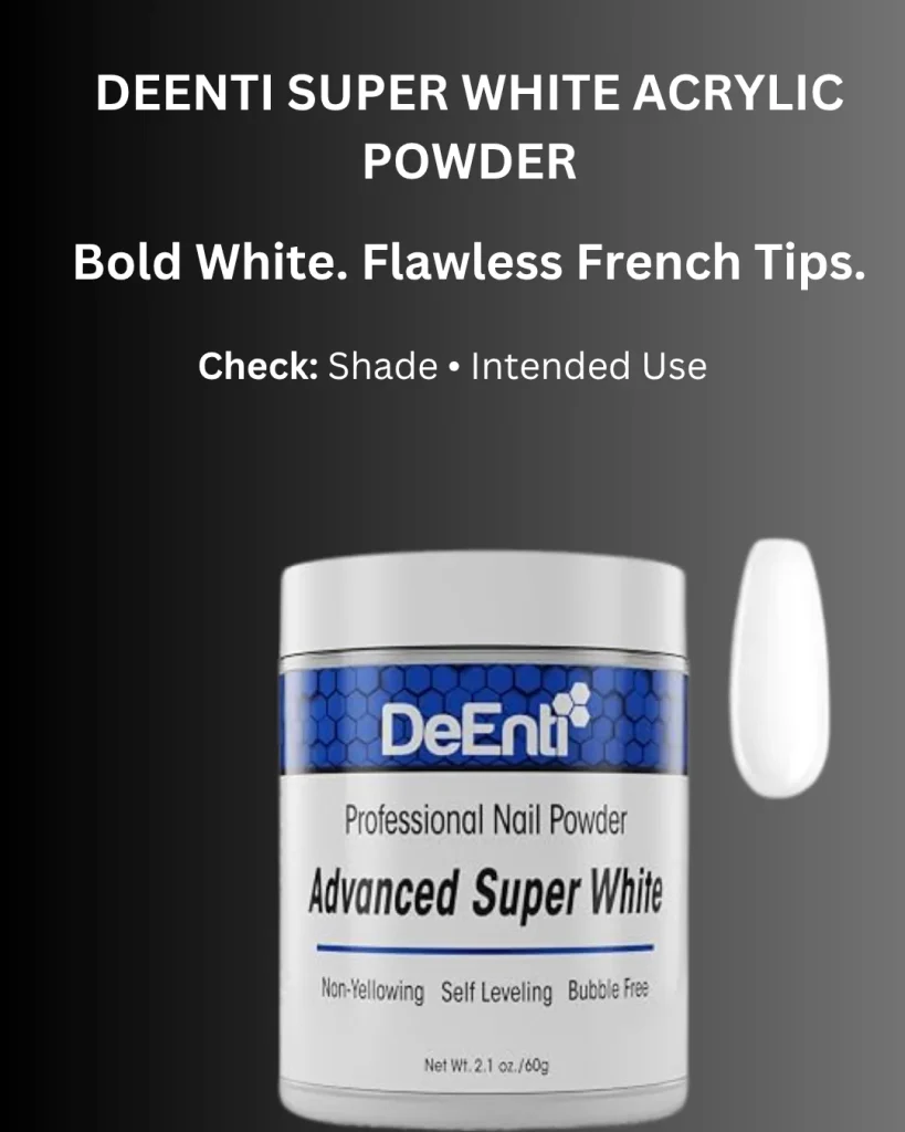 DeEnti Advanced Super White acrylic nail powder, 2.1 oz (60g), non-yellowing, self-leveling and bubble-free, ideal for French tips