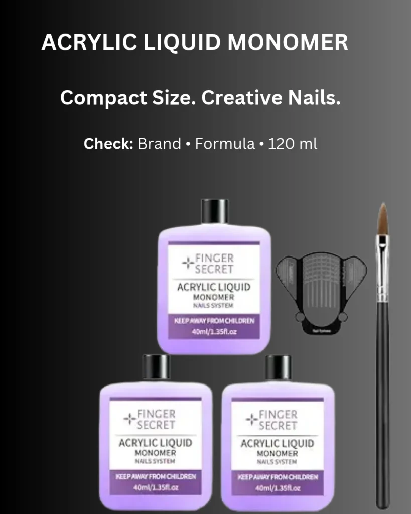 Set of three FINGER SECRET Acrylic Liquid Monomer 40 ml (1.35 fl oz) lavender bottles with a nail brush and nail form on a dark gradient background
