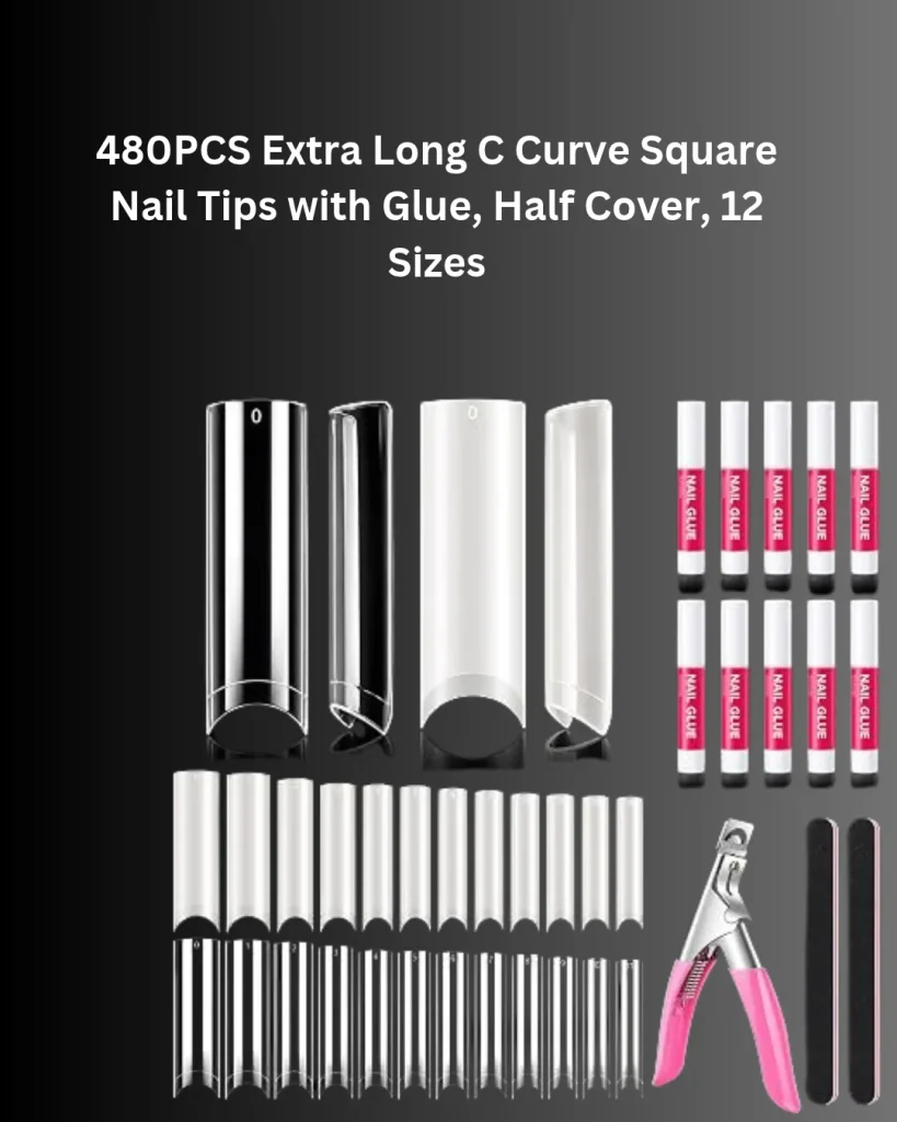 480pcs extra long C curve square half cover nail tips in 12 sizes with 10 nail glue tubes, tip cutter and 2 nail files