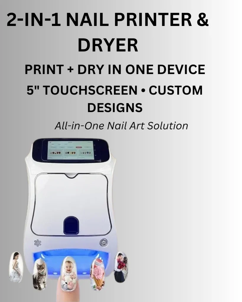 2-in-1 nail printer and dryer with a 5-inch touchscreen that prints and dries custom nail designs in one device